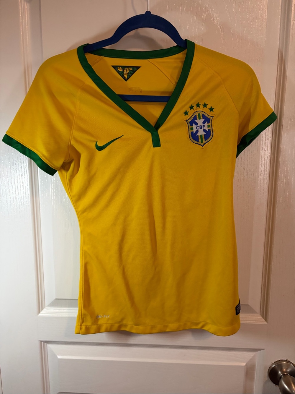 Nike Women's Yellow Brazil Soccer Jersey with Green Trim